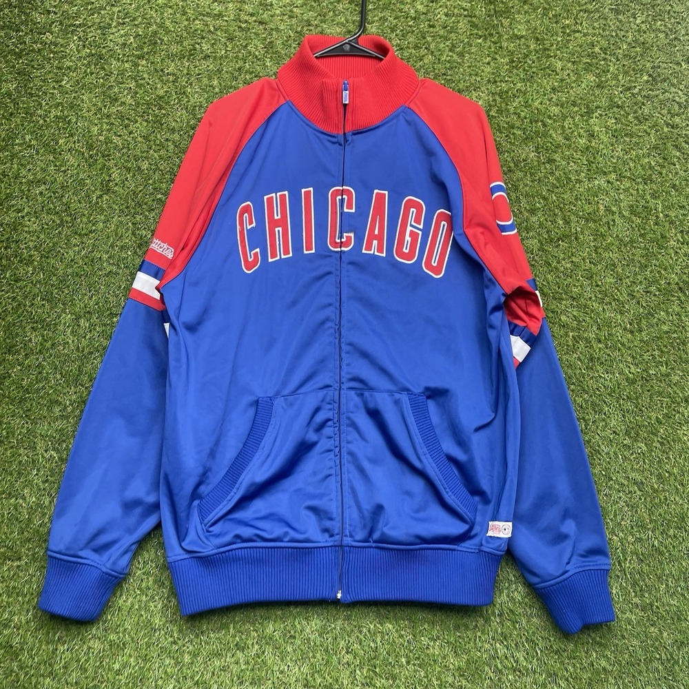Chicago Cubs Track Jacket Mens Large Baseball Blue Red Stitches Full Zip Fleece